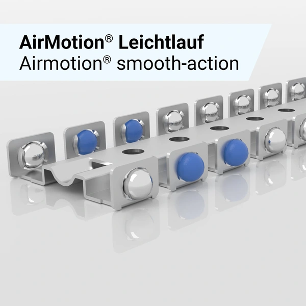 Metallschienen mit blauen und silbernen Rollen, Teil der AirMotion® Leichtlauf-Technologie für Schubladen.