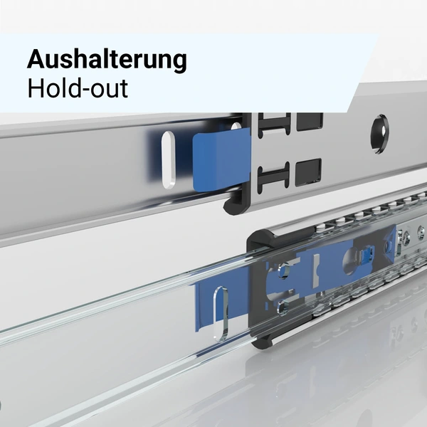Metallschiene mit blauen Kunststoffkomponenten, die das Haltesystem für eine Schublade darstellen.