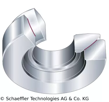 Illustration eines geschnittenen, zylindrischen Lagers mit zwei metallischen Ringen in einer Darstellung, die die detaillierte Struktur und Konstruktion des Lagers zeigt.