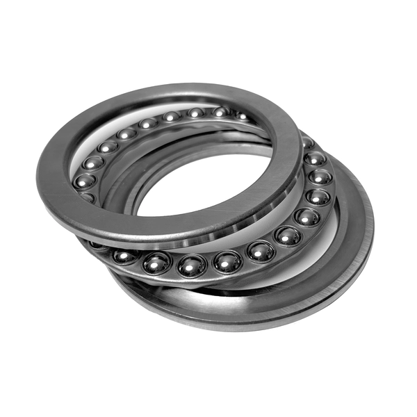 Drei Scheiben aus Metall mit eingelagerten Kugeln, die ein Axiallager bilden.