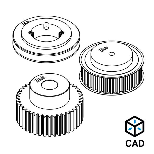 3D-Zeichnung eines Stirnzahnrads, einer Zahnriemenscheibe und einer Keilriemenscheibe, daneben ein CAD-Symbol.