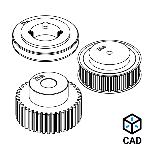 3D-Zeichnung eines Stirnzahnrads, einer Zahnriemenscheibe und einer Keilriemenscheibe, daneben ein CAD-Symbol.