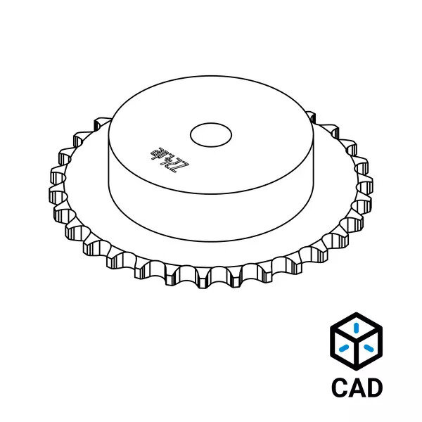 3D-Zeichnung eines Kettenrads, daneben ein CAD-Symbol.