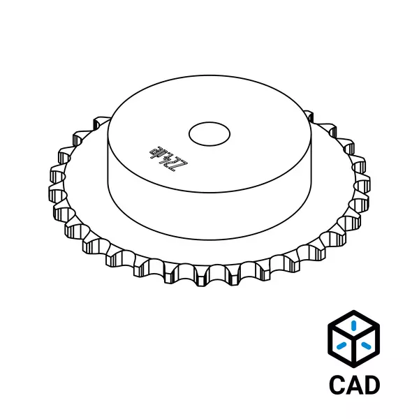 3D-Zeichnung eines Kettenrads, daneben ein CAD-Symbol.