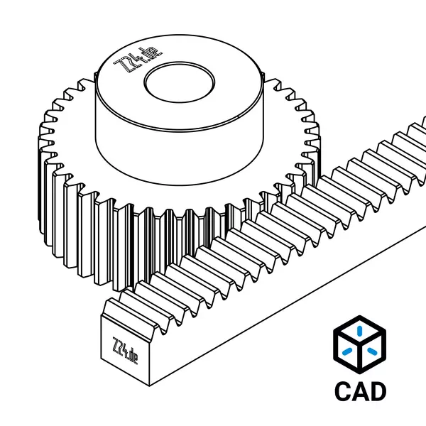 3D-Zeichnung eines Stirnzahnrads und einer Zahnstange, daneben ein CAD-Symbol.