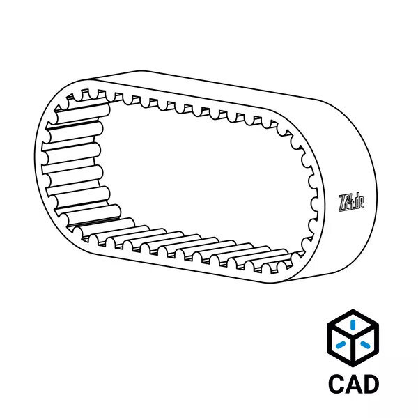 3D-Zeichnung eines Zahnriemens, daneben ein CAD-Symbol.