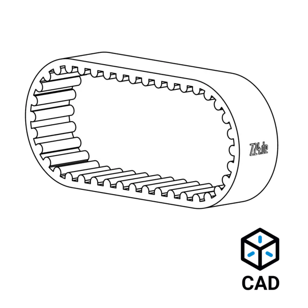 3D-Zeichnung eines Zahnriemens, daneben ein CAD-Symbol.
