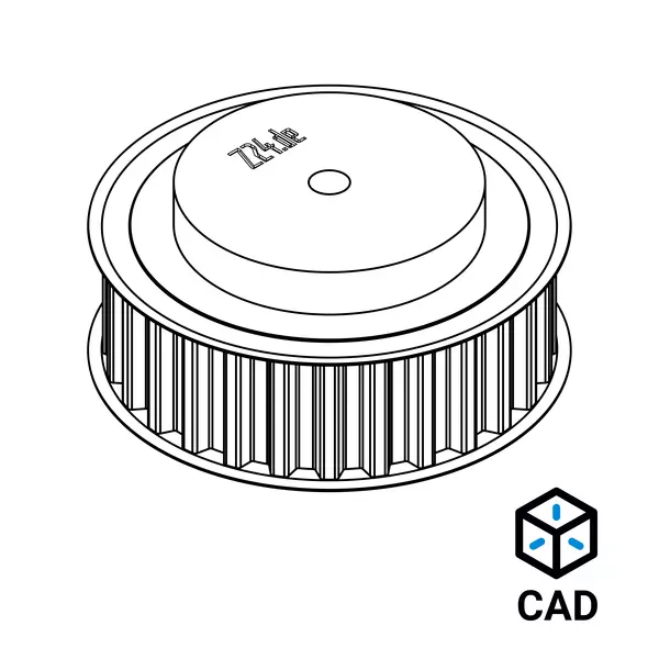 3D-Zeichnung einer Zahnriemenscheibe, daneben ein CAD-Symbol.