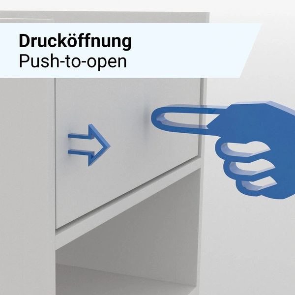 Finger zeigt auf eine Schublade mit Pfeil und dem Text „Drucköffnung Push-to-open“.