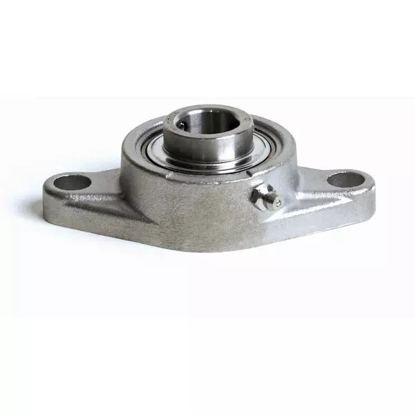 Metallisches Zweiloch-Flanschlager mit zylindrischer Lageröffnung und Schmierbohrung, geeignet zur Wellenlagerung.