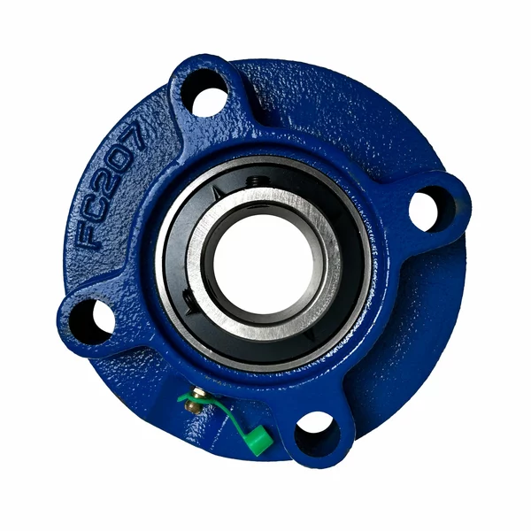 Rundes, blaues Flanschgehäuse mit vier Befestigungslöchern und einem zentralen Lager.