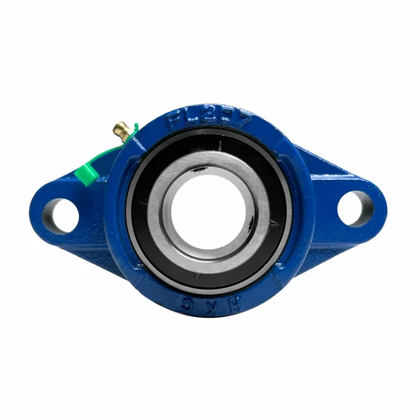 Blaues Zweiloch-Flanschlager mit zentralem Metalllager und Befestigungsbohrungen an beiden Seiten.