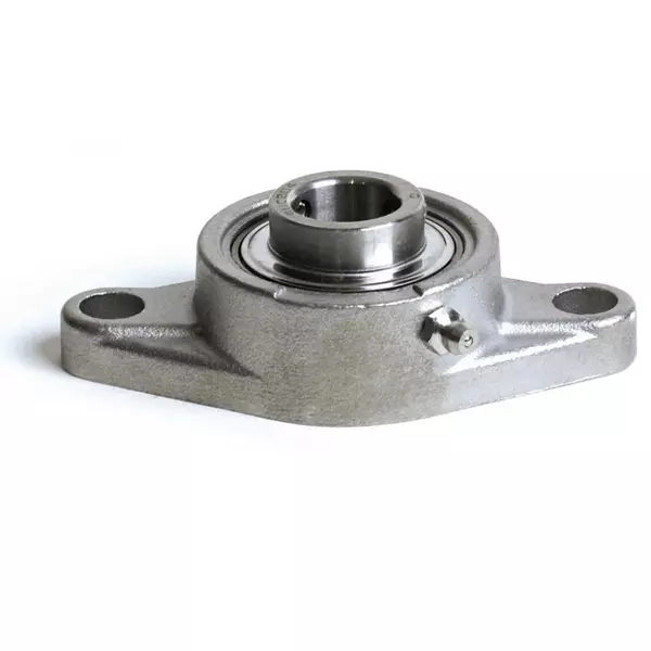 Edelstahl Zweiloch Flanschlager mit breitem Innenring und zwei Befestigungsbohrungen in korrosionsbeständigem Gehäuse.