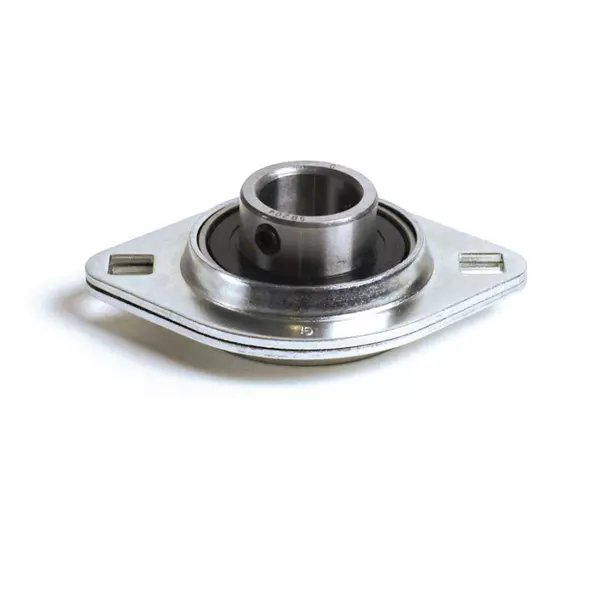 Ovales Zweiloch-Flanschlager aus Metall mit zentralem zylindrischem Spannlager.