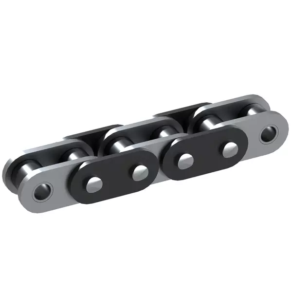 Metallene Rollenkette mit ineinandergreifenden geraden Gliedern in einer Perspektive, die die zylindrischen Rollen und Löcher an den Enden der Kettenglieder zeigt.