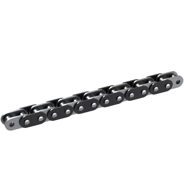 Metallische Förderkette in perspektivischer Ansicht mit mehreren Gliedern und Bolzen.