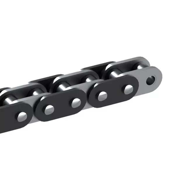 Eine Förderkette mit mehreren Gliedern aus Metall, angeordnet in einer diagonalen Ansicht.