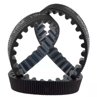 Schwarzer Polychain-Zahnriemen mit abgerundeten Zähnen, der eine Schleifenform bildet.