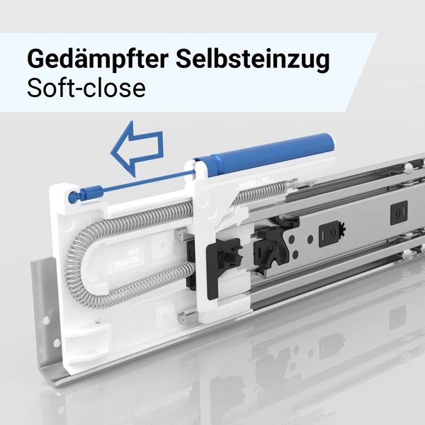 Schubladenschiene mit gedämpfter Selbsteinzugsmechanik, weißes und blaues Design, mit integriertem Dämpfer und Pfeil, der die Einzugsrichtung anzeigt.
