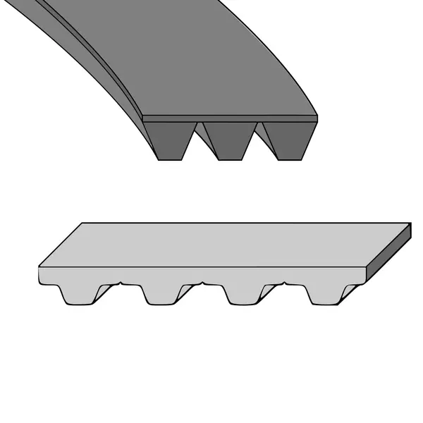 Schematische Darstellung eines Rippenriemens mit längs verlaufenden Rippen und eines Zahnriemens mit Zähnen quer zur Laufrichtung.