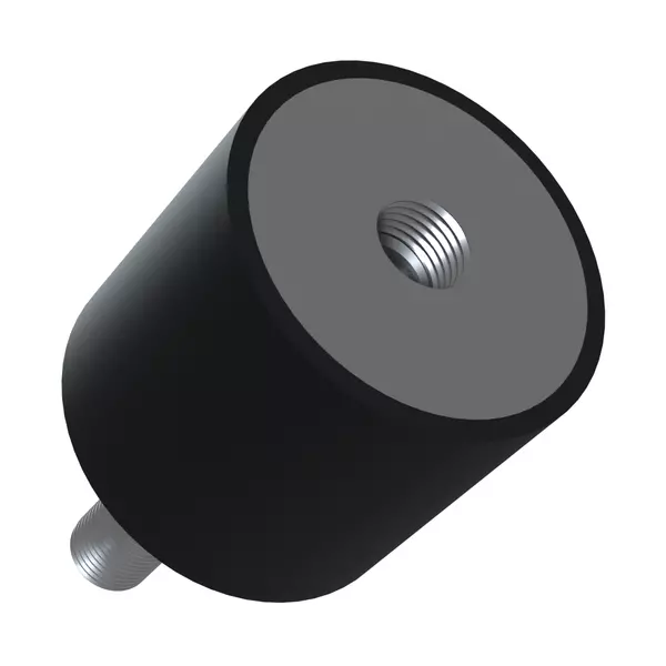 Zylindrischer Gummipuffer mit schwarzem Körper aus Gummi und einseitigem Metall-Außengewinde und einseitigem Metall-Innengewinde.