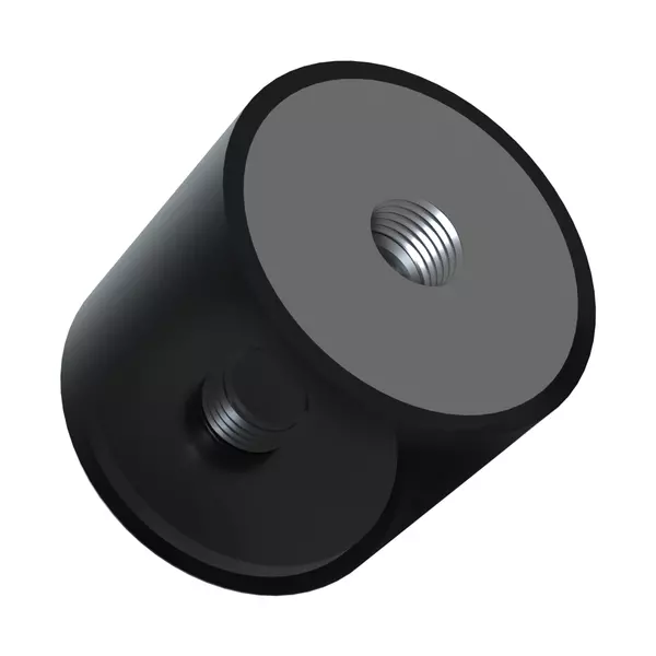 Zylindrischer Gummipuffer mit schwarzem Körper aus Gummi und beidseitigem Metall-Innengewinde.