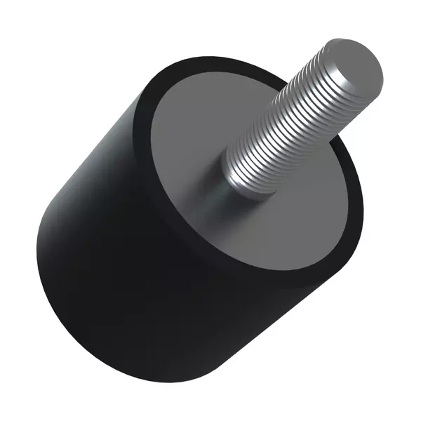 Zylindrischer Gummipuffer mit schwarzem Körper aus Gummi und einseitigem Metall-Außengewinde.
