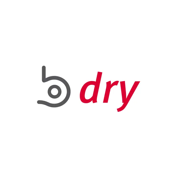 b.dry-Logo mit einem stilisierten kleinen „b” in Grau und dem Wort „dry” in Rot.