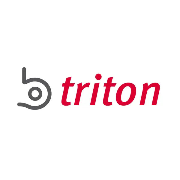 b.triton-Logo mit stilisiertem grauen Buchstaben "b" und rotem Schriftzug "triton".