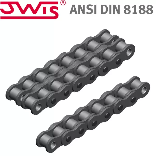 Bild mit zwei parallel verlaufenden Rollenketten und dem Logo "JWIS" und der Beschriftung "ANSI DIN 8188".