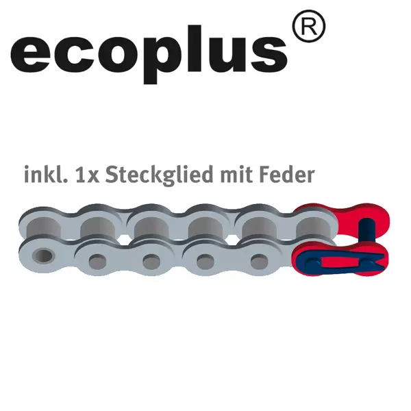 Eine graue Rollenkette mit einem roten Steckglied mit Feder, darüber der Schriftzug „ecoplus®“ und der Hinweis „inkl. 1x Steckglied mit Feder“.