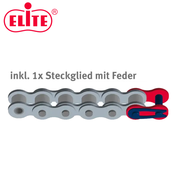 Darstellung einer Elite®-Rollenkette mit einem roten Steckglied und Feder, umgeben vom Schriftzug; "inkl. 1x Steckglied mit Feder".