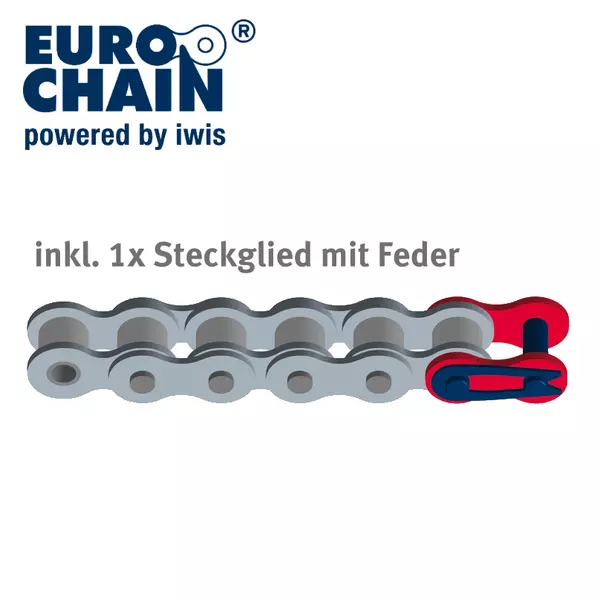 Darstellung einer Eurochain®-Rollenkette mit einem roten Steckglied und Feder, umgeben vom Schriftzug; "inkl. 1x Steckglied mit Feder".