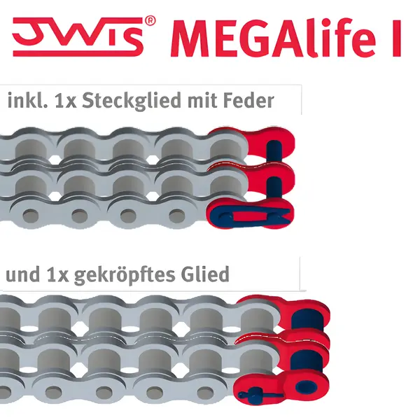 Zwei Rollenketten mit unterschiedlichen, roten Verbindungselementen, einmal mit Steckglied und Feder, einmal gekröpft; mit JWIS® MEGAlife I Beschriftung.