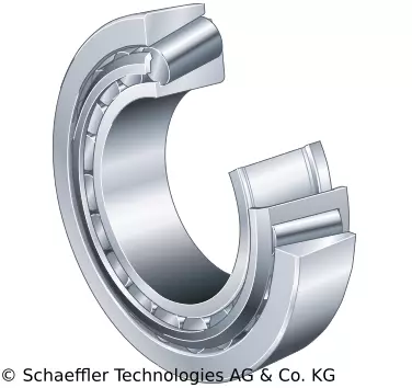 Offenes, zylindrisches Rollenlager mit zwei parallelen Ringen und mehreren Rollen, die in einem gleichmäßigen Abstand zueinander angeordnet sind.
