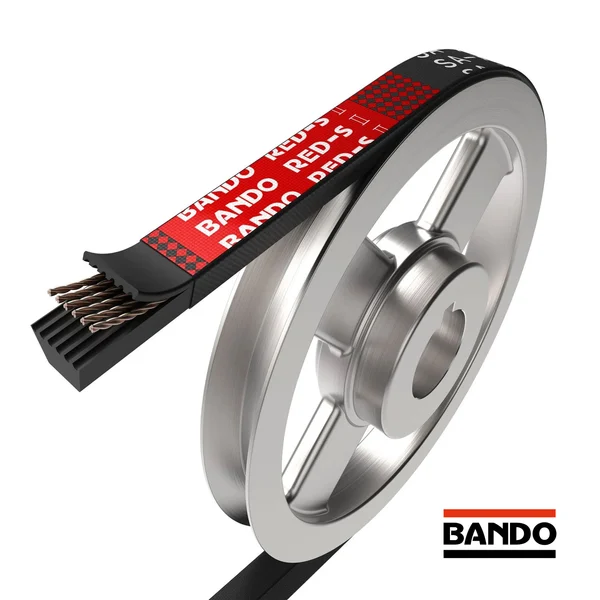 Keilriemen mit der Aufschrift "Bando RED-S II" auf einer silbernen Riemenscheibe montiert, mit sichtbaren Zugsträngen und dem Bando-Logo.