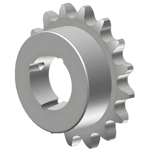 Metallisches Kettenrad mit Zähnen und Taperbuchseneinsatz.