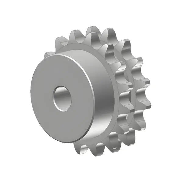 Zweifaches Kettenrad mit zwei Zahnkränzen aus Metall und zentraler Bohrung.
