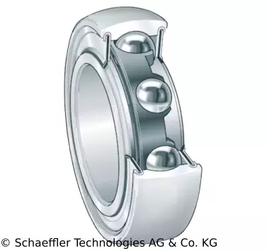 Illustration eines offenen Kugellagers mit mehreren kugelförmigen Wälzkörpern und einem Außenring, sichtbar durch einen Schnitt im Gehäuse.