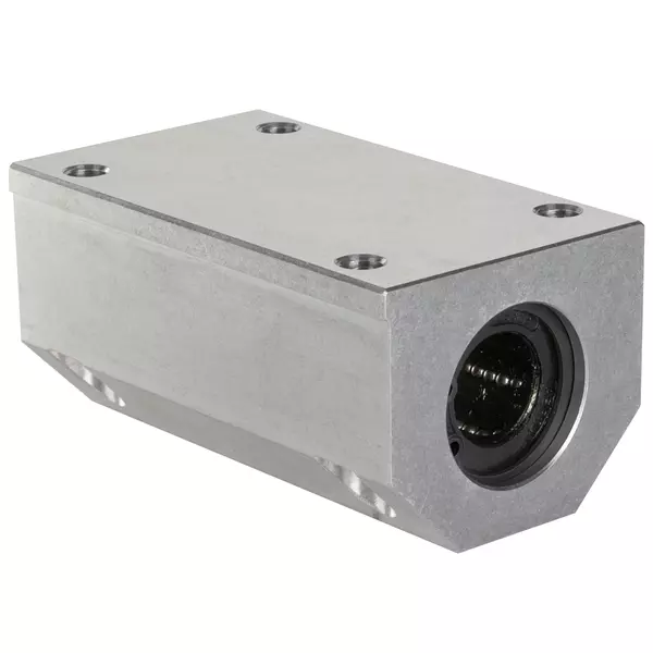 Metallisches, rechteckiges Linear-Gehäuse mit vier Befestigungsbohrungen, einer Öffnung für ein Kugellager, aus Aluminium.