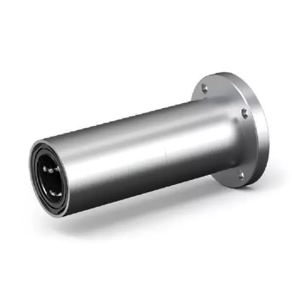 Silbernes zylindrisches Linearkugellager mit einem runden Flansch, der vier Bohrungen für die Befestigung aufweist.