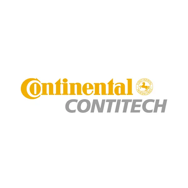 Continental-Logo in gelb über dem ContiTech-Schriftzug in Grau mit einem runden Emblem am rechten Rand.