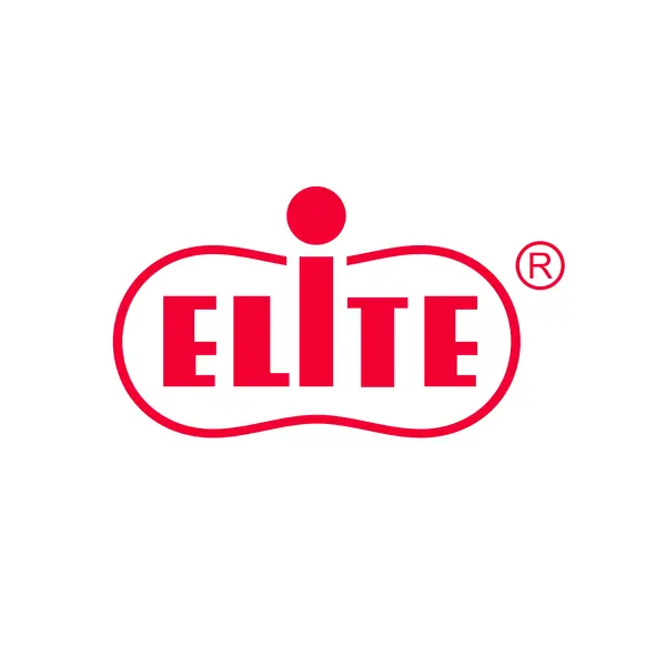 Rotes "ELITE" Logo auf weißem Hintergrund mit stilisiertem "i" in der Mitte.