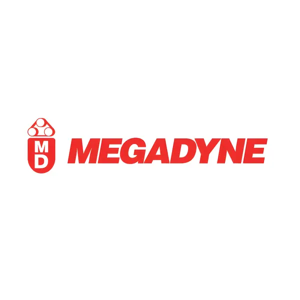 Rotes Megadyne-Logo mit einem stilisierten Schild, das die Buchstaben "MD" enthält.