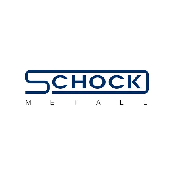 Schwarzer Schriftzug "SCHOCK METALL" auf weißem Hintergrund, wobei "SCHOCK" von einem rechteckigen Umriss umgeben ist.