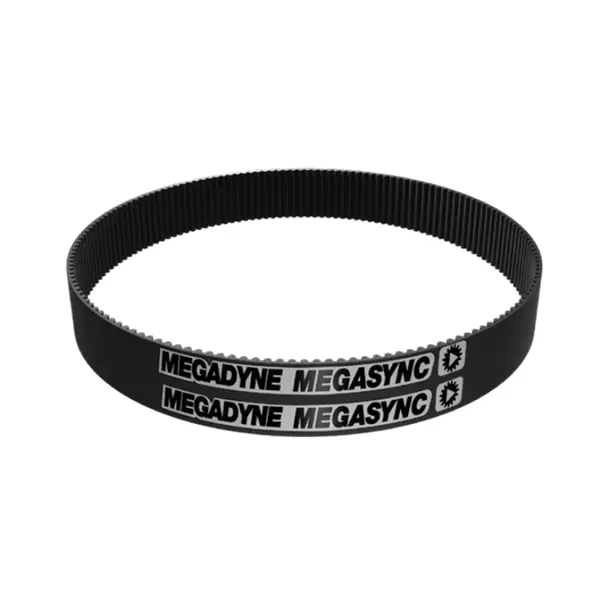 Schwarzer gezahnter Antriebsriemen mit der Aufschrift "MEGADYNE MEGASYNC" in Weiß.