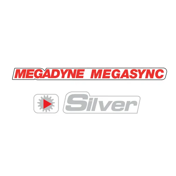 Text "MEGADYNE MEGASYNC" in Rot, darunter ein graues Zahnrad mit rotem Pfeil und das Wort "Silver" in Grau.