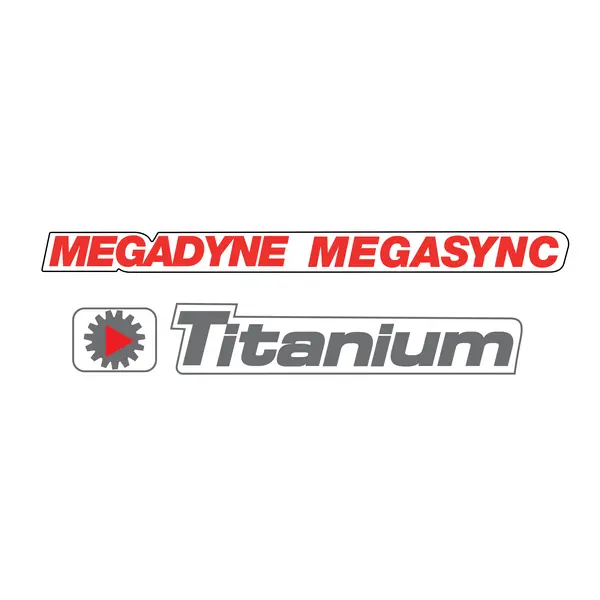 Megadyne Megasync Titanium Logo mit einem roten Zahnrad-Symbol.