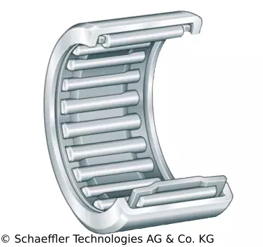 Illustration eines Ringlagers mit mehreren langen, gleichmäßig verteilten, zylindrischen Rollen innerhalb der Struktur.