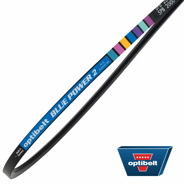 Optibelt Blue Power 2 Keilriemen mit blauem Aufdruck und Farbcodierung, daneben das Optibelt-Logo.